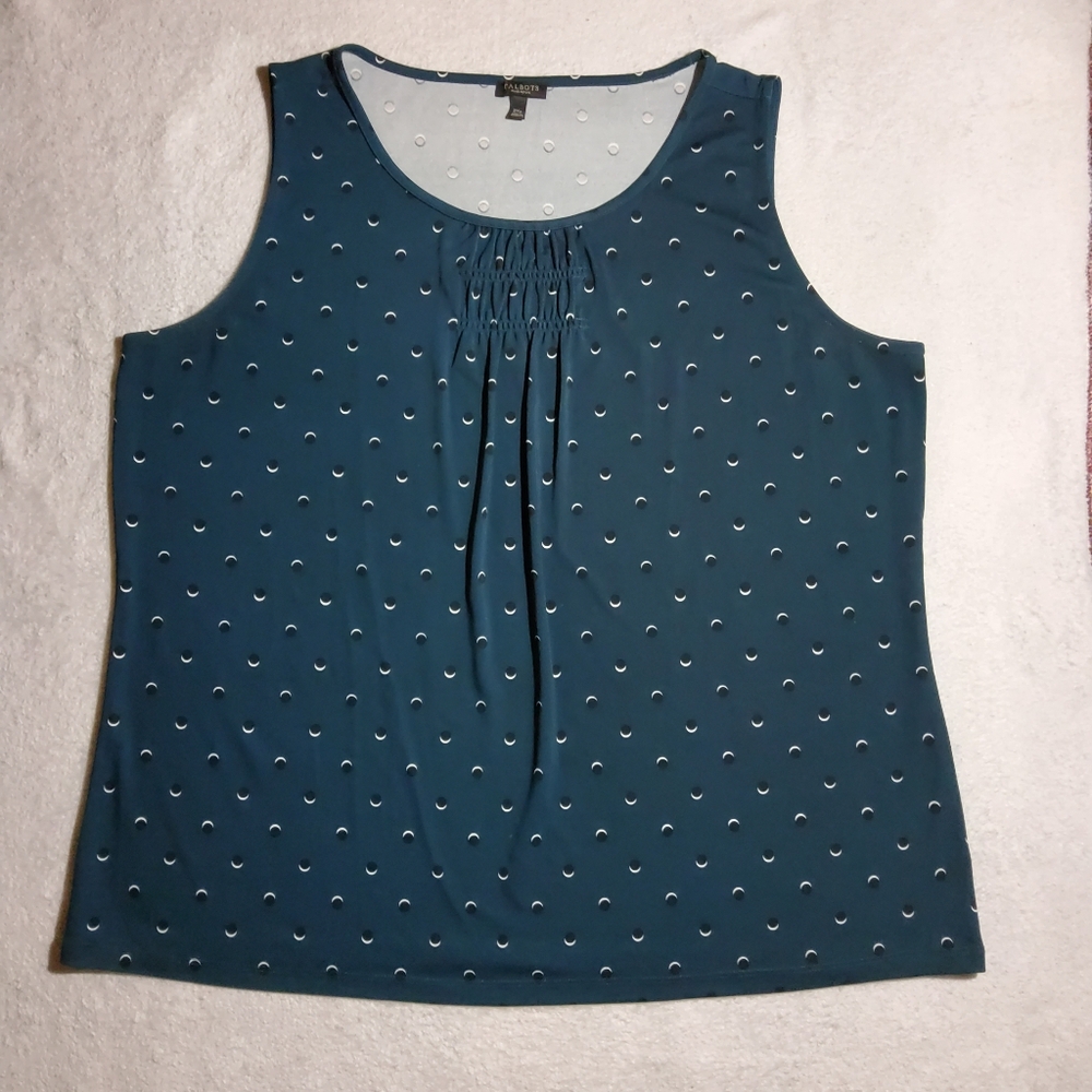 Talbots Plus Petite Stretch Polyester Tank Top Front Pleat Teal Polka Dot 2Xp